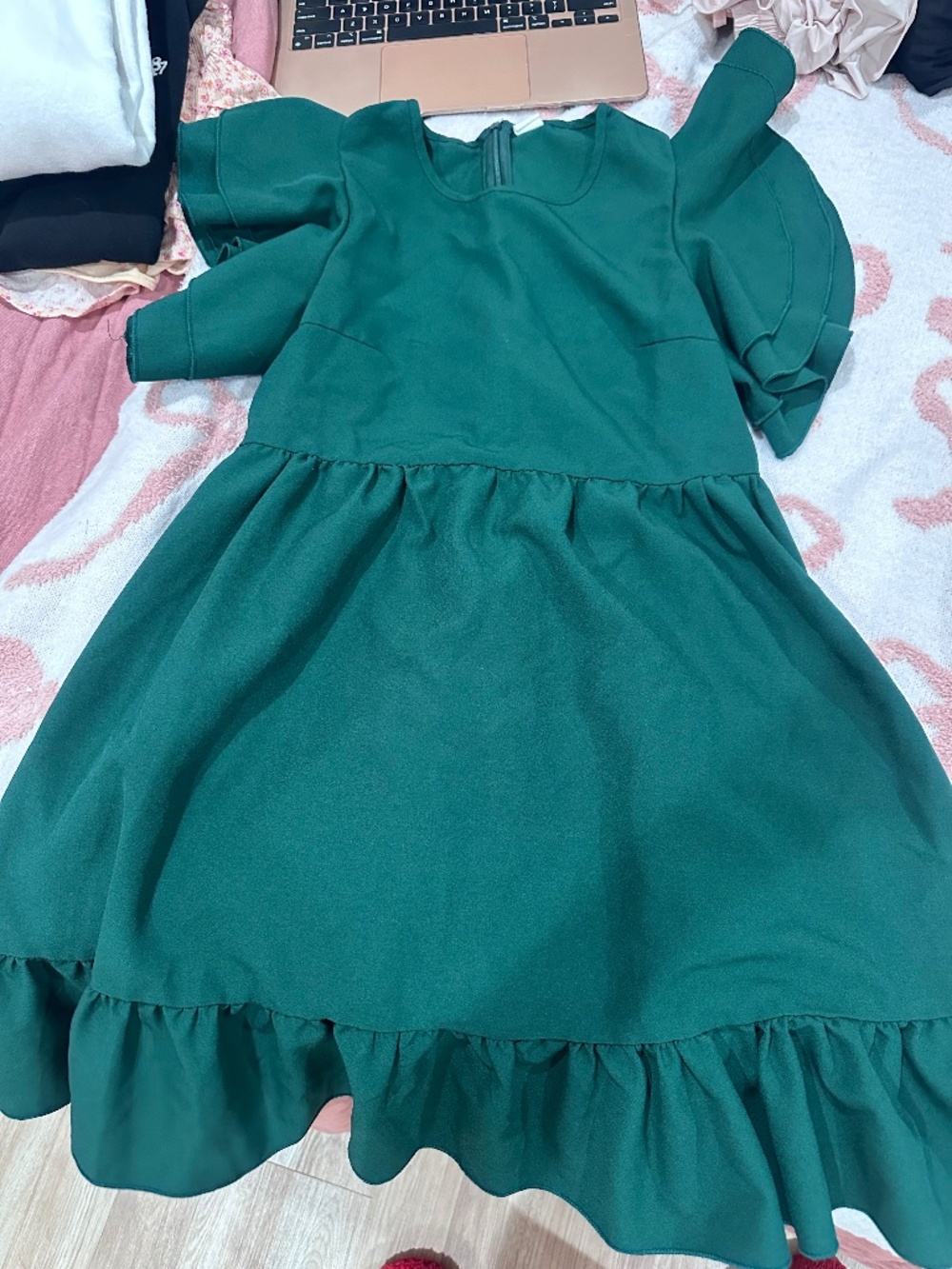 SHEIN Teen Emerald Green Puff Sleeve Ruffle Dress 12-13Y